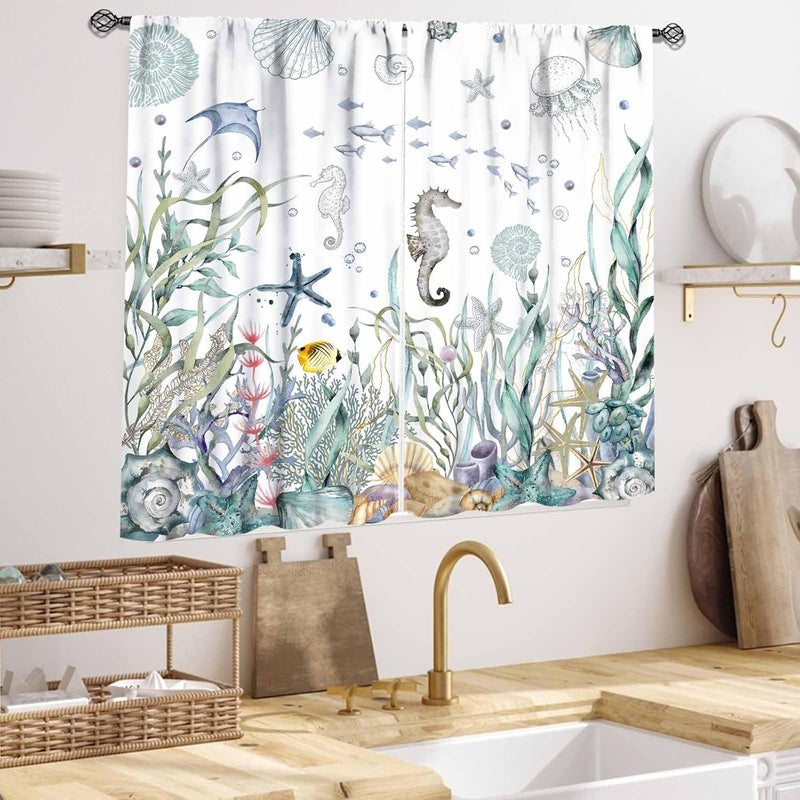 Lnepty Nautical Beach Curtains,Coastal Seahorse Undersea Animal Blue Bedroom Kids Room Drapes Treatments,Ocean Coral Summer Living Room Bathroom Window Curtains 2 Piece Set,55X39 Inch - Image 4